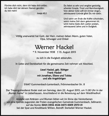 Anzeige von Werner Hackel von Kölner Stadt-Anzeiger / Kölnische Rundschau / Express