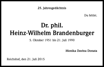 Anzeige von Heinz-Wilhelm Brandenburger von Kölner Stadt-Anzeiger / Kölnische Rundschau / Express