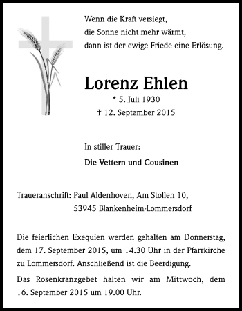 Anzeige von Lorenz Ehlen von Kölner Stadt-Anzeiger / Kölnische Rundschau / Express