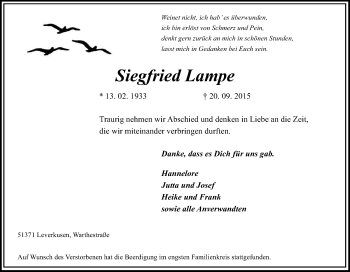 Anzeige von Siegfried Lampe von Kölner Stadt-Anzeiger / Kölnische Rundschau / Express