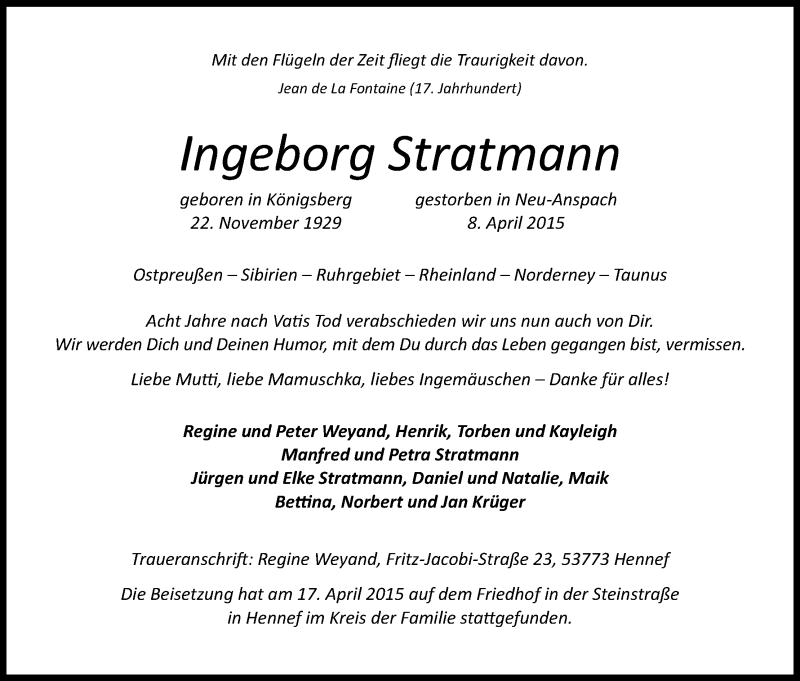  Traueranzeige für Ingeborg Stratmann vom 18.04.2015 aus Kölner Stadt-Anzeiger / Kölnische Rundschau / Express