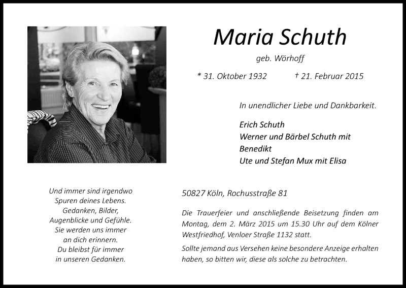 Traueranzeige für Maria Schuth vom 25.02.2015 aus Kölner Stadt-Anzeiger / Kölnische Rundschau / Express
