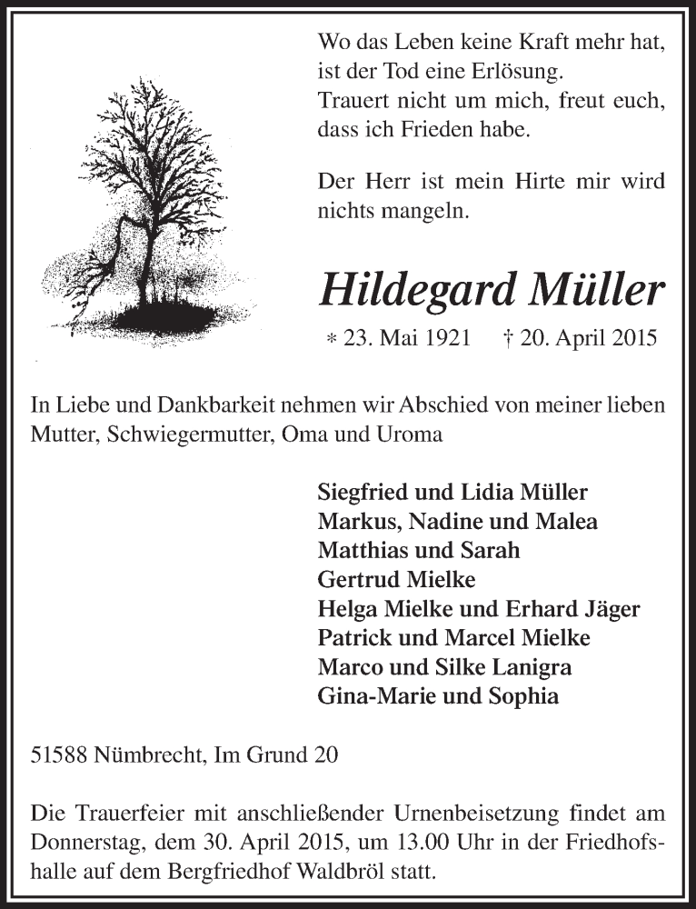  Traueranzeige für Hildegard Müller vom 29.04.2015 aus  Lokalanzeiger 