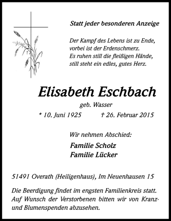 Anzeige von Elisabeth Eschbach von Kölner Stadt-Anzeiger / Kölnische Rundschau / Express