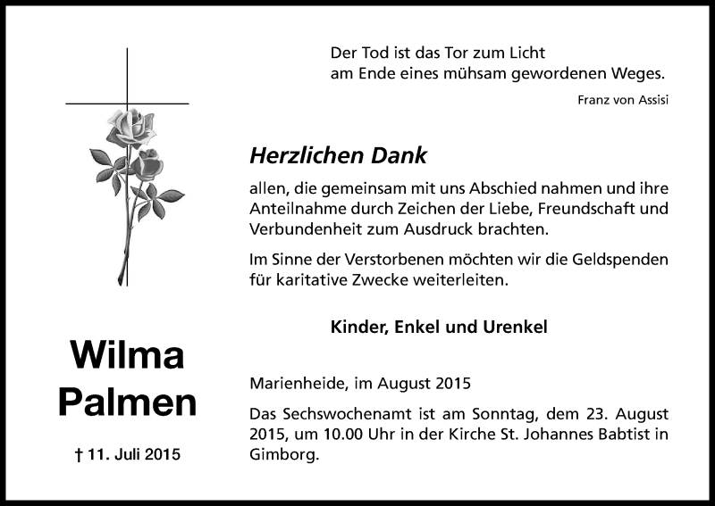  Traueranzeige für Wilma Palmen vom 15.08.2015 aus Kölner Stadt-Anzeiger / Kölnische Rundschau / Express