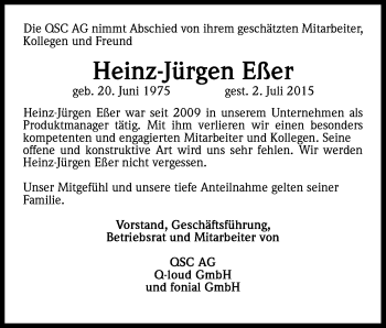 Anzeige von Heinz-Jürgen Eßer von Kölner Stadt-Anzeiger / Kölnische Rundschau / Express