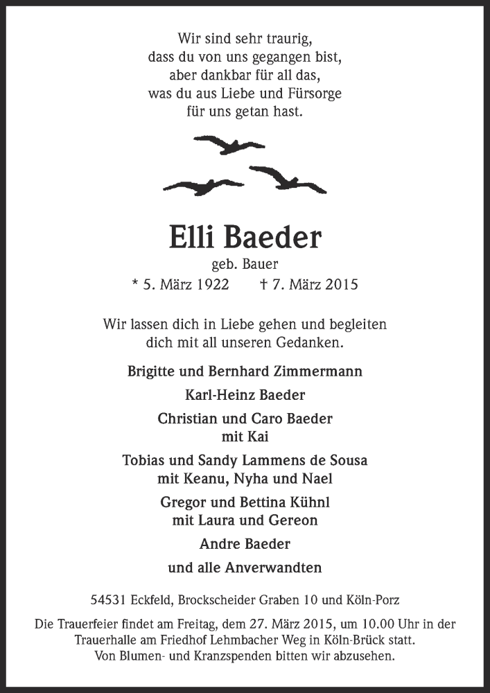  Traueranzeige für Elli Baeder vom 25.03.2015 aus  Kölner Wochenspiegel 