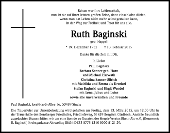 Anzeige von Ruth Baginski von Kölner Stadt-Anzeiger / Kölnische Rundschau / Express