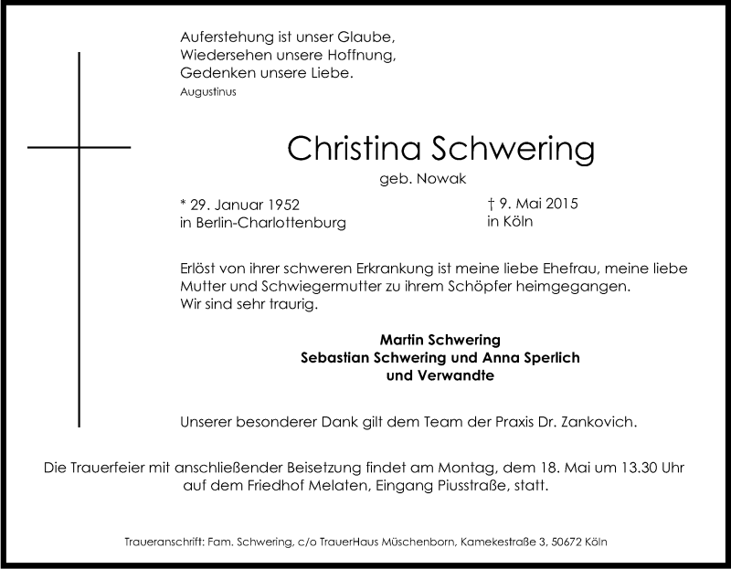  Traueranzeige für Christina Schwering vom 13.05.2015 aus Kölner Stadt-Anzeiger / Kölnische Rundschau / Express
