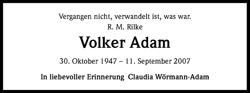  Traueranzeige für Volker Adam vom 11.09.2015 aus Kölner Stadt-Anzeiger / Kölnische Rundschau / Express