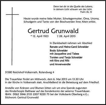 Anzeige von Gertrud Grunwald von Kölner Stadt-Anzeiger / Kölnische Rundschau / Express
