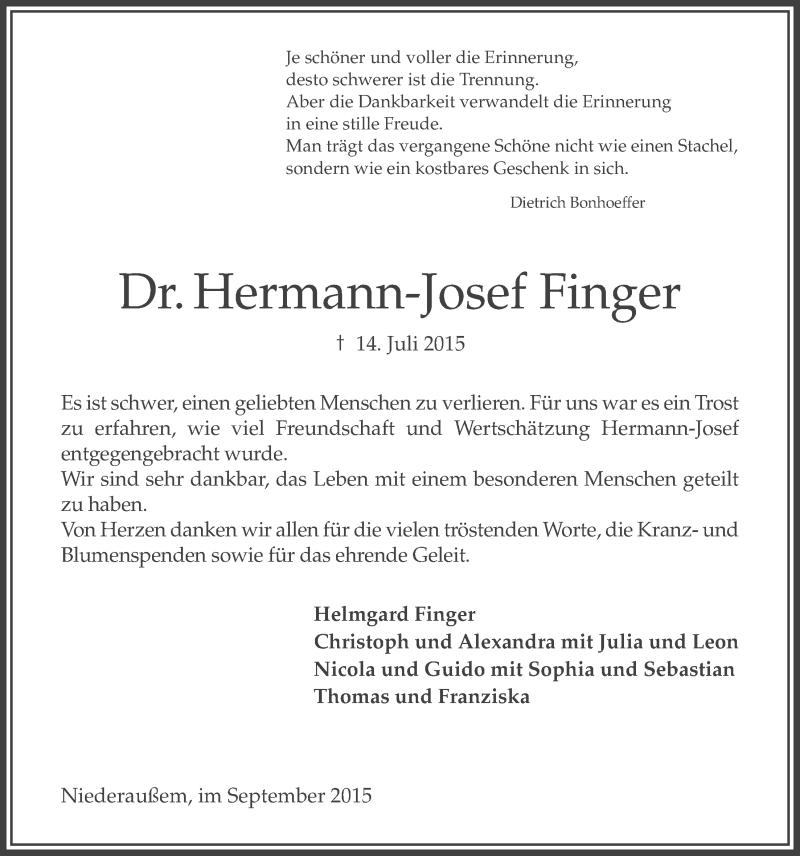  Traueranzeige für Hermann-Josef Finger vom 16.09.2015 aus  Werbepost 