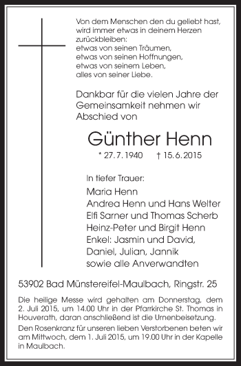 Anzeige von Günther Henn von  Blickpunkt Euskirchen 