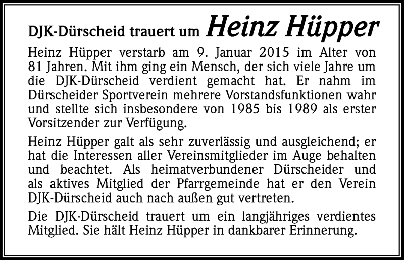  Traueranzeige für Heinz Hüpper vom 14.02.2015 aus Kölner Stadt-Anzeiger / Kölnische Rundschau / Express