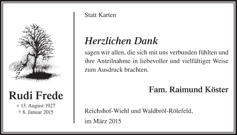  Traueranzeige für Rudi Frede vom 11.03.2015 aus  Lokalanzeiger 