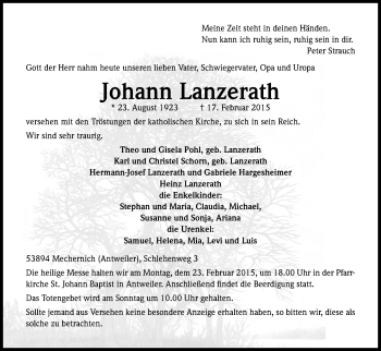 Anzeige von Johann Lanzerath von Kölner Stadt-Anzeiger / Kölnische Rundschau / Express