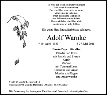 Anzeige von Adolf Warnke von Kölner Stadt-Anzeiger / Kölnische Rundschau / Express