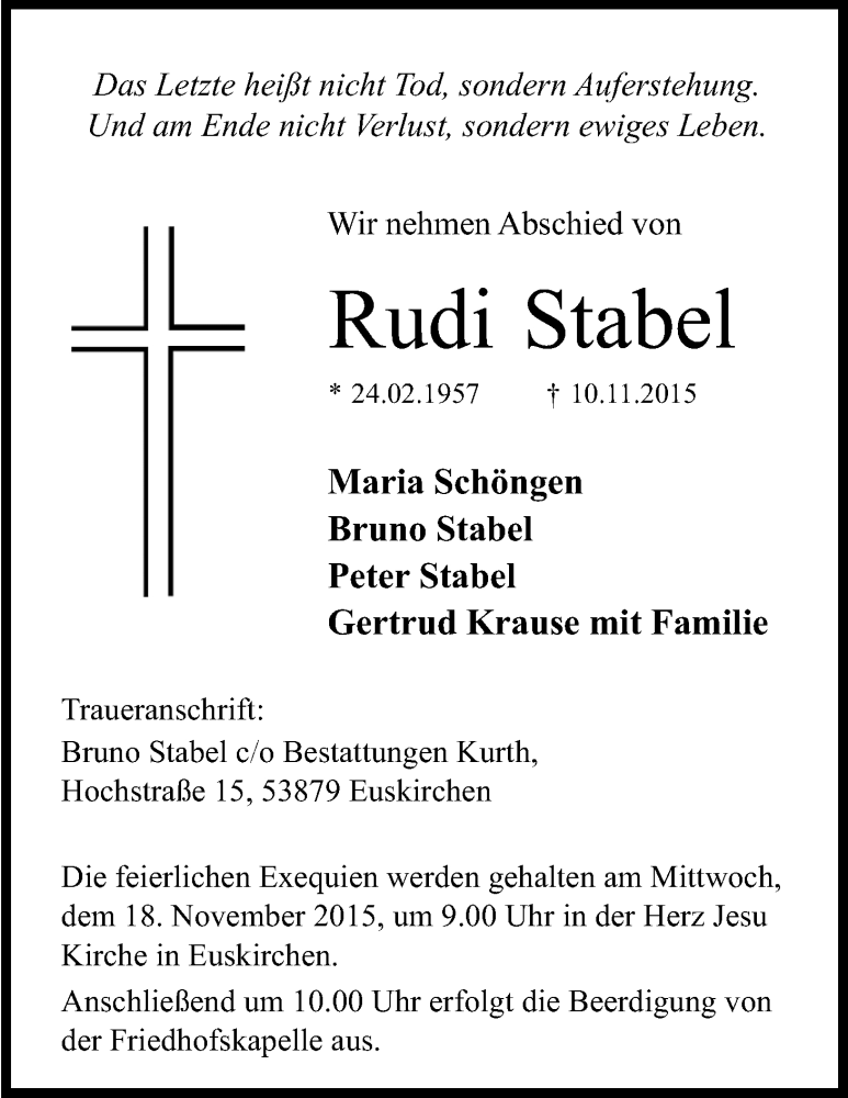  Traueranzeige für Rudi Stabel vom 14.11.2015 aus Köln - Wir Trauern