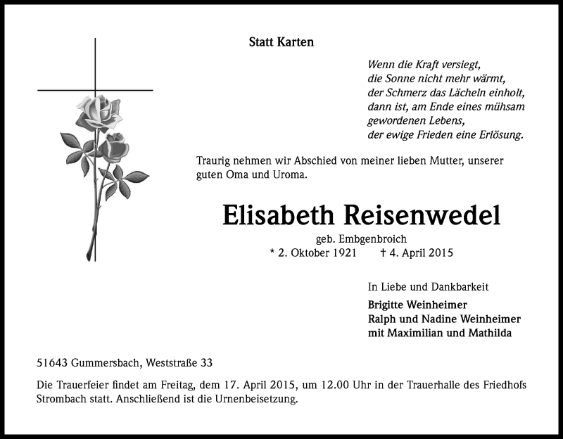  Traueranzeige für Elisabeth Reisenwedel vom 11.04.2015 aus Kölner Stadt-Anzeiger / Kölnische Rundschau / Express