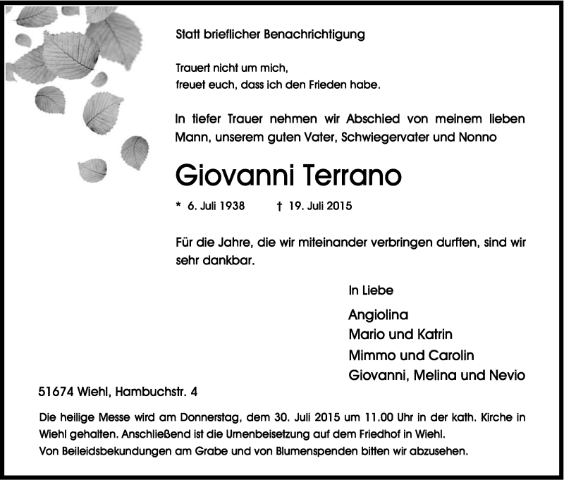  Traueranzeige für Giovanni Terrano vom 25.07.2015 aus Kölner Stadt-Anzeiger / Kölnische Rundschau / Express