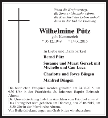 Anzeige von Wilhelmine Pütz von  Werbepost 
