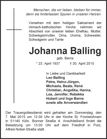 Anzeige von Johanna Balling von  Kölner Wochenspiegel 