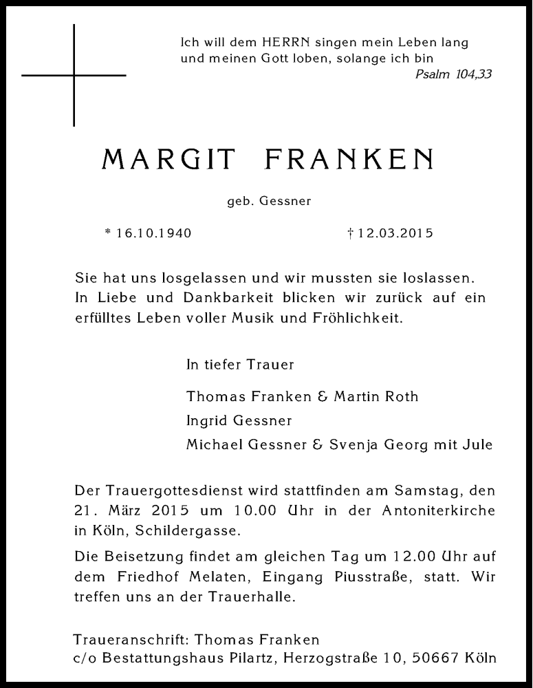  Traueranzeige für Margit Franken vom 18.03.2015 aus Kölner Stadt-Anzeiger / Kölnische Rundschau / Express