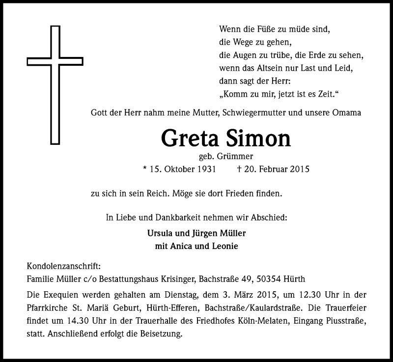  Traueranzeige für Greta Simon vom 25.02.2015 aus Kölner Stadt-Anzeiger / Kölnische Rundschau / Express