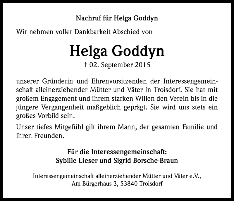  Traueranzeige für Helga Goddyn vom 10.09.2015 aus Kölner Stadt-Anzeiger / Kölnische Rundschau / Express