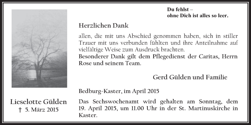  Traueranzeige für Lieselotte Gülden vom 08.04.2015 aus  Werbepost 