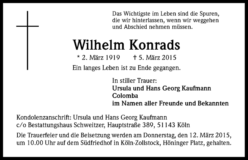  Traueranzeige für Wilhelm Konrads vom 07.03.2015 aus Kölner Stadt-Anzeiger / Kölnische Rundschau / Express
