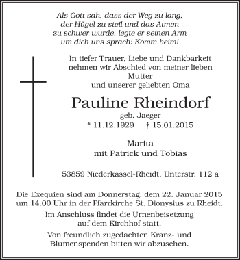 Anzeige von Pauline Rheindorf von  Extra Blatt 
