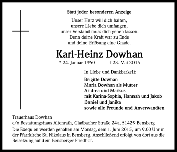 Anzeige von Karl-Heinz Dowhan von Kölner Stadt-Anzeiger / Kölnische Rundschau / Express