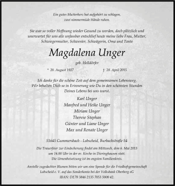 Anzeige von Magdalena Unger von Kölner Stadt-Anzeiger / Kölnische Rundschau / Express