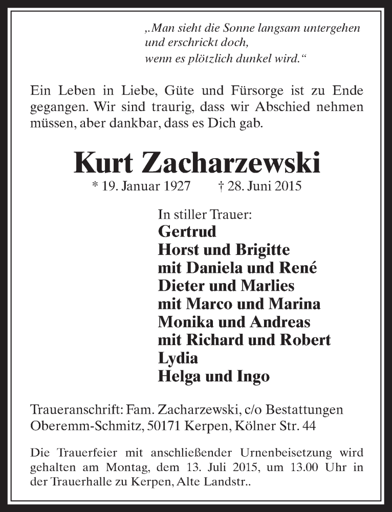  Traueranzeige für Kurt Zacharzewski vom 08.07.2015 aus  Werbepost 
