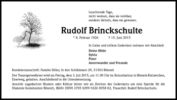 Anzeige von Rudolf Brinckschulte von Kölner Stadt-Anzeiger / Kölnische Rundschau / Express