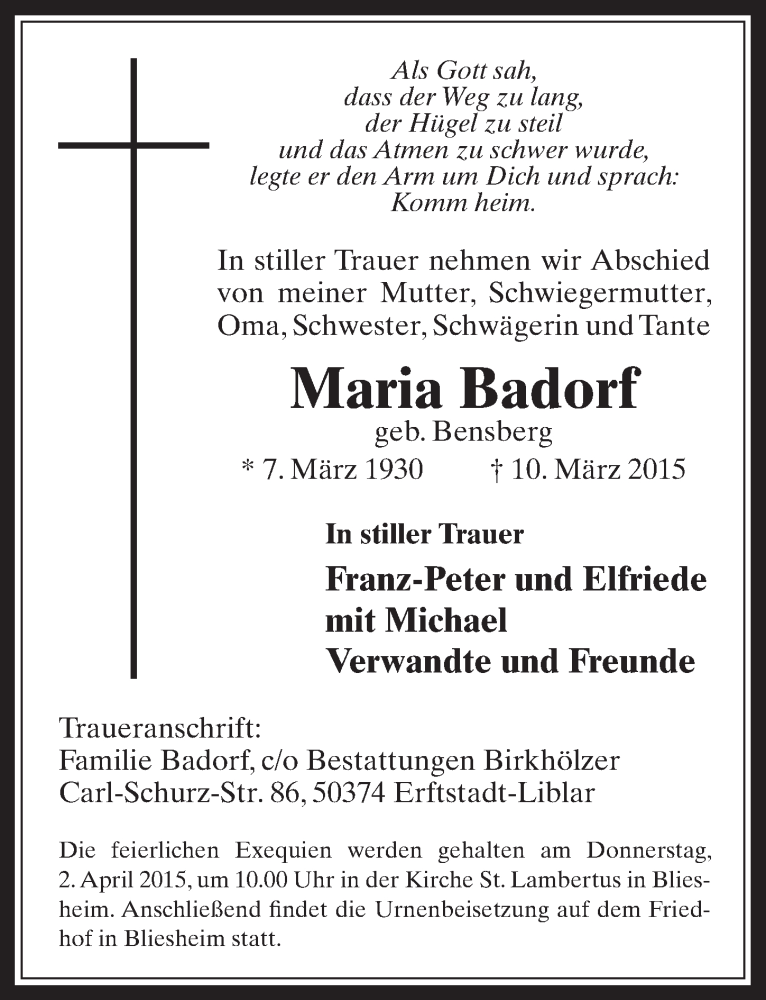  Traueranzeige für Maria Badorf vom 01.04.2015 aus  Werbepost 
