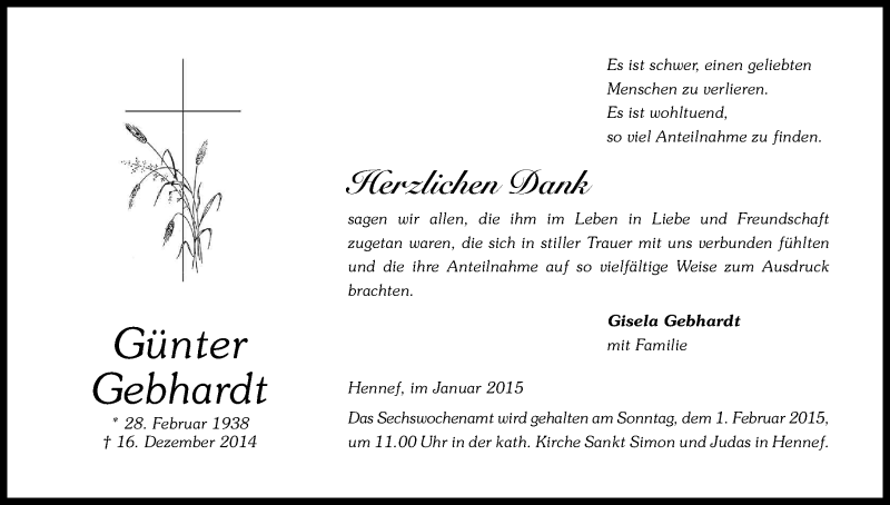  Traueranzeige für Günter Gebhardt vom 17.01.2015 aus Kölner Stadt-Anzeiger / Kölnische Rundschau / Express