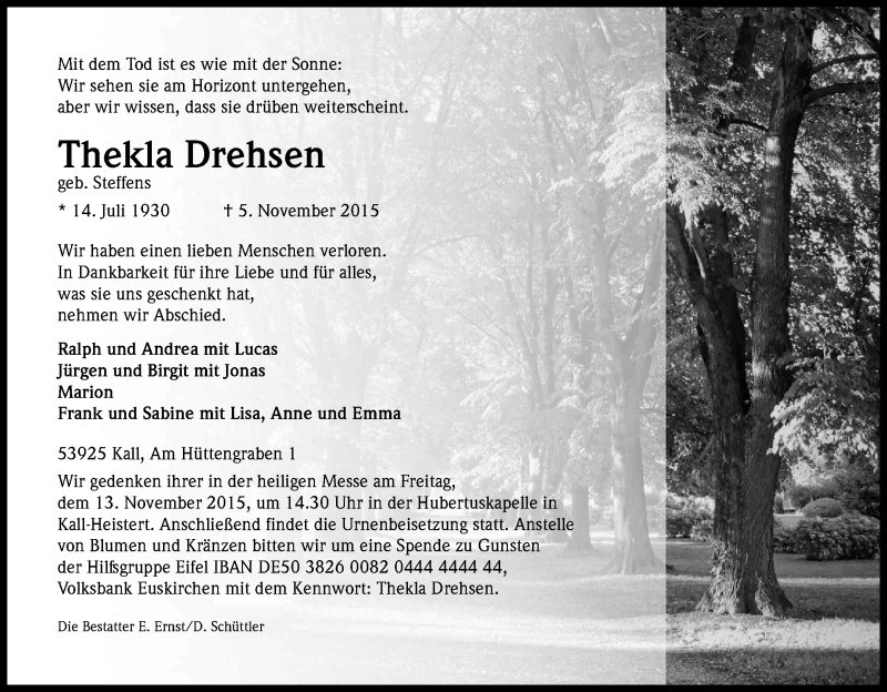  Traueranzeige für Thekla Drehsen vom 09.11.2015 aus Kölner Stadt-Anzeiger / Kölnische Rundschau / Express