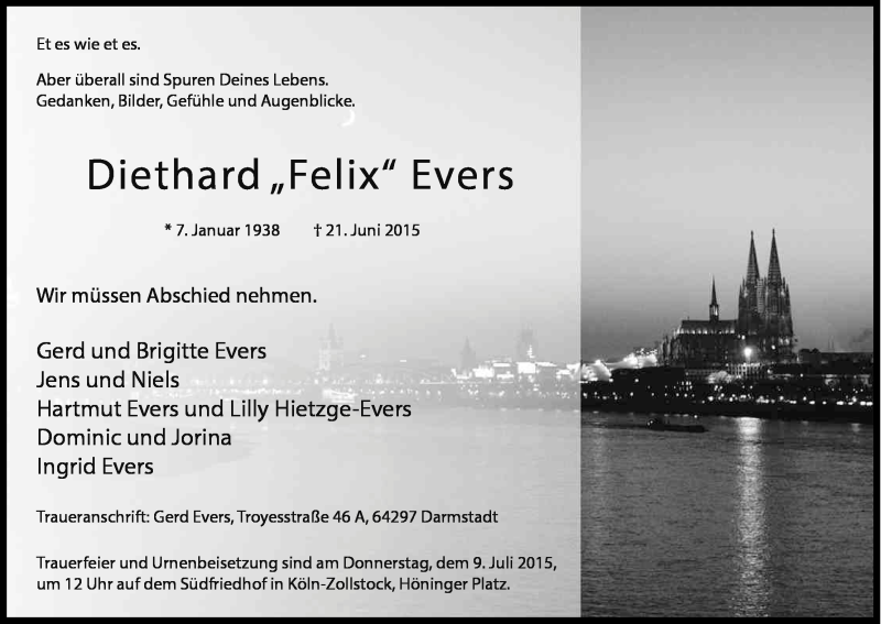  Traueranzeige für Diethard Evers vom 04.07.2015 aus Kölner Stadt-Anzeiger / Kölnische Rundschau / Express