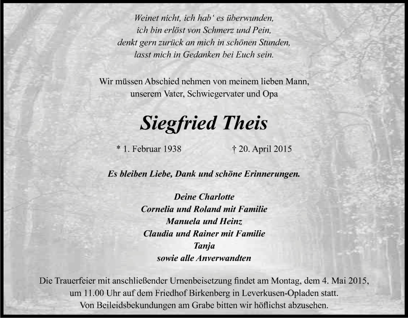  Traueranzeige für Siegfried Theis vom 25.04.2015 aus Kölner Stadt-Anzeiger / Kölnische Rundschau / Express