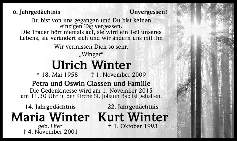  Traueranzeige für Ulrich Winter vom 31.10.2015 aus  Bergisches Sonntagsblatt 