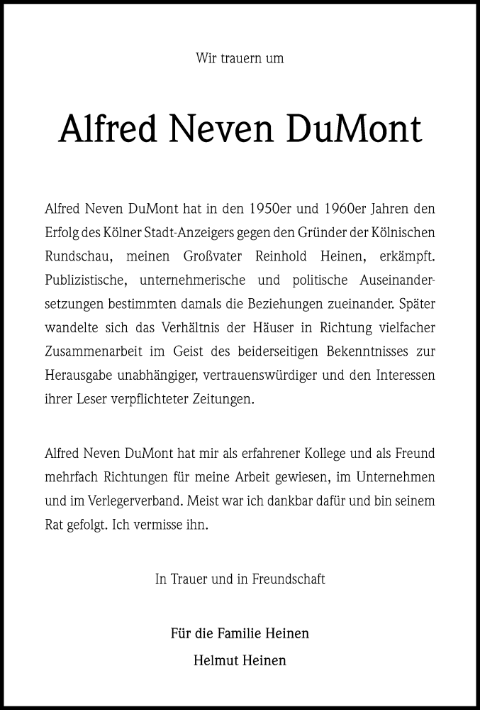  Traueranzeige für Alfred Neven DuMont vom 06.06.2015 aus Kölner Stadt-Anzeiger / Kölnische Rundschau / Express