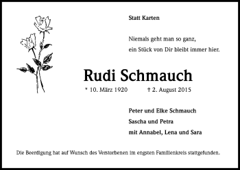 Anzeige von Rudi Schmauch von Kölner Stadt-Anzeiger / Kölnische Rundschau / Express