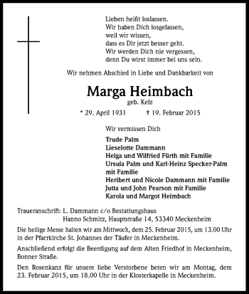 Anzeige von Marga Heimbach von Kölner Stadt-Anzeiger / Kölnische Rundschau / Express