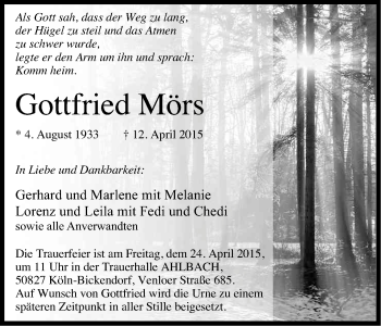 Anzeige von Gottfried Mörs von Kölner Stadt-Anzeiger / Kölnische Rundschau / Express