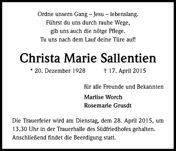 Anzeige von Christa Marie Sallentien von Kölner Stadt-Anzeiger / Kölnische Rundschau / Express
