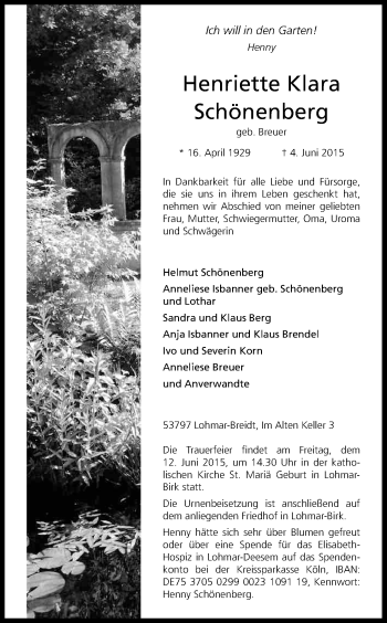 Anzeige von Henriette Klara Schönenberg von Kölner Stadt-Anzeiger / Kölnische Rundschau / Express