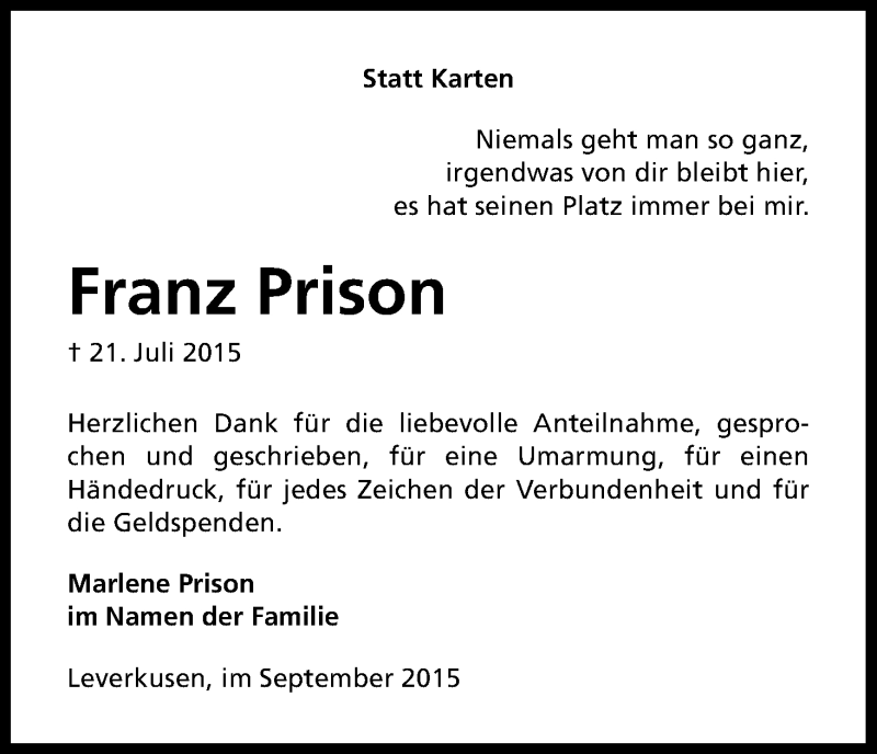  Traueranzeige für Franz Prison vom 09.09.2015 aus Kölner Stadt-Anzeiger / Kölnische Rundschau / Express