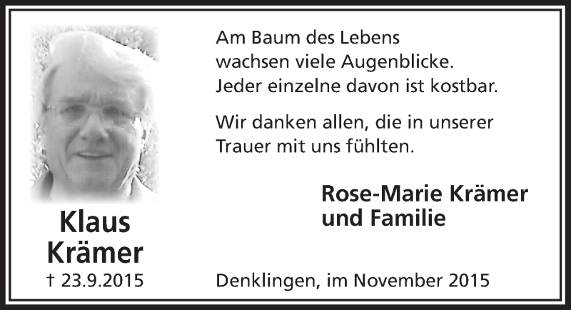  Traueranzeige für Klaus Krämer vom 04.11.2015 aus  Lokalanzeiger 